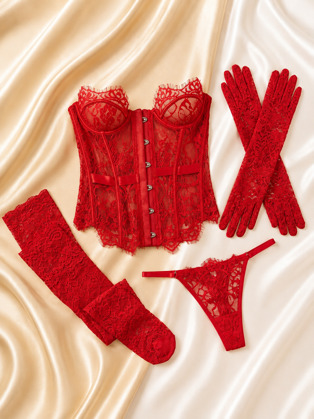 Kırmızı Dantel Korsaj Babydoll Takımı