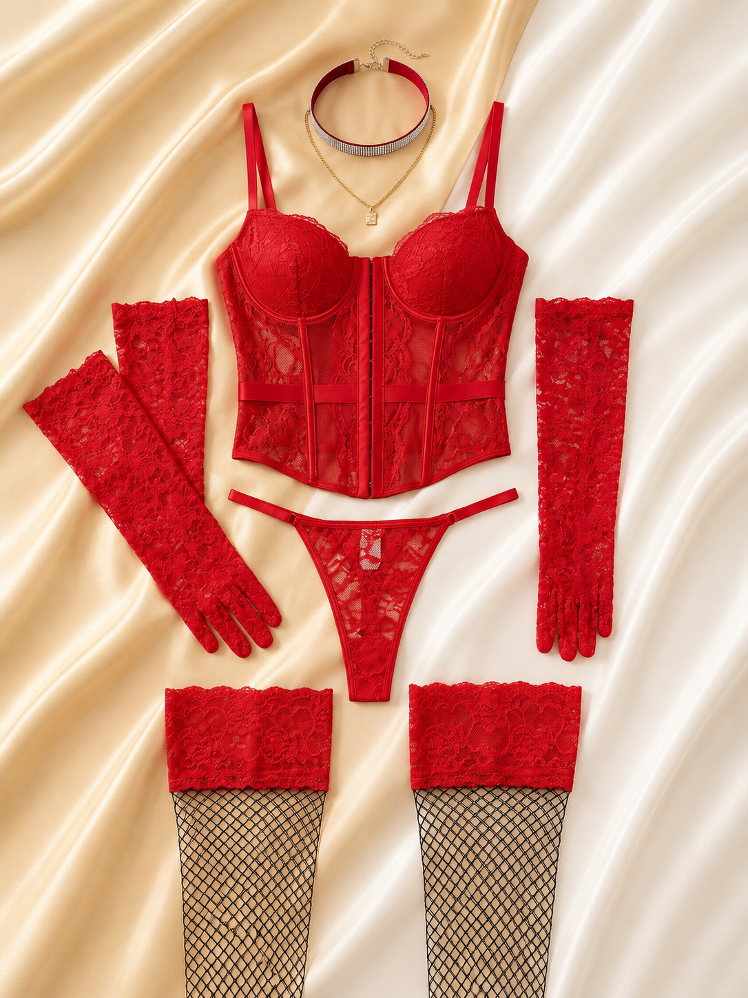 Kırmızı Dantel Korsaj Babydoll Takımı