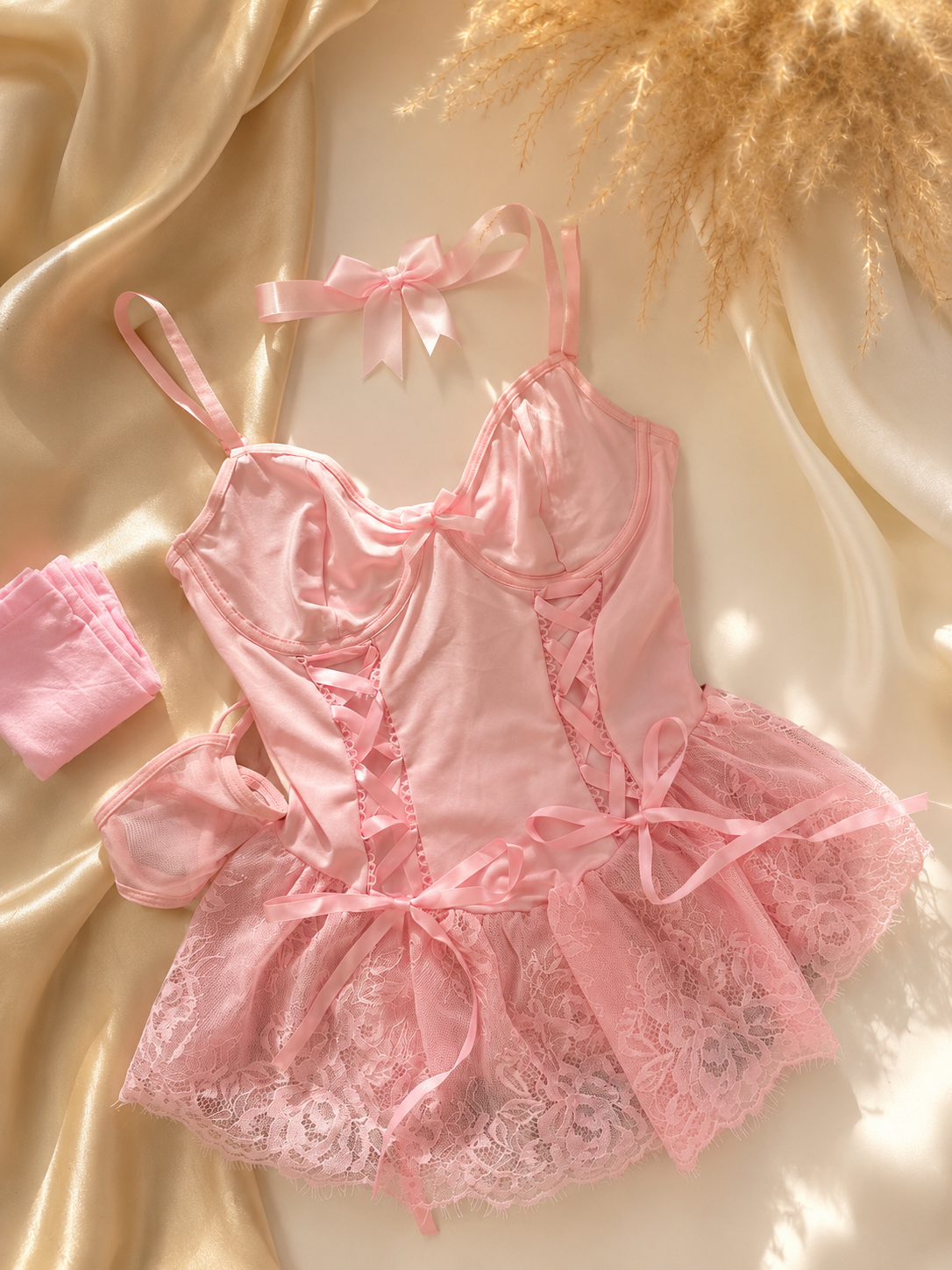 Pembe Dantel Babydoll Takımı